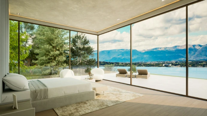 a bedroom with a view of the mountains